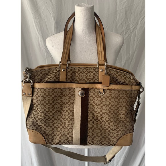 Coach Handbags - Coach Signature Jacquard Satchel Brown Tan Leather Trim F13813 Bag #922